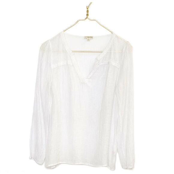Lily White embroidered V Neck Top Sheer Long Sleeve Of White Trim Sz Xs - Picture 1 of 12